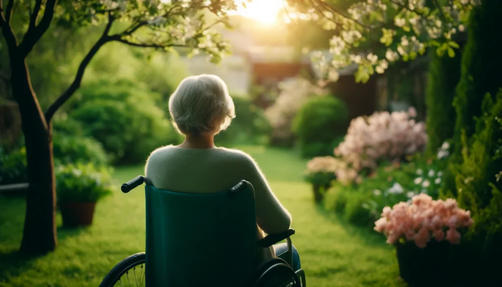 elderly woman outside in a wheelchair