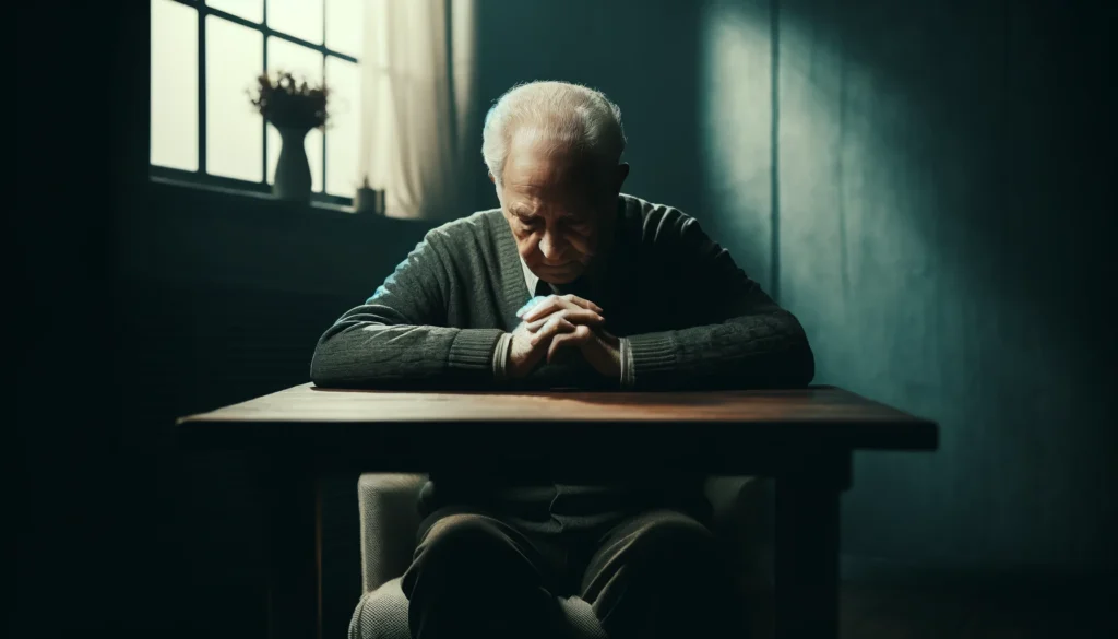 sad old man sitting at a table